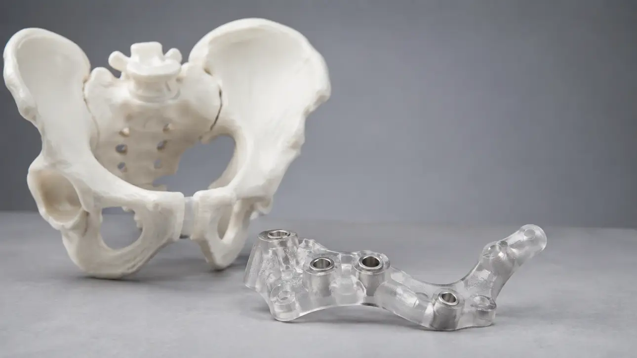 3D baski ile uretilmis anatomik kemik modeli ve cerrahi planlama icin hazirlanmis rehber aparat